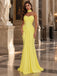 Vibrant Lemon Yellow Satin Strapless Choker Neck Pleated Mermaid Gown,PDS118826