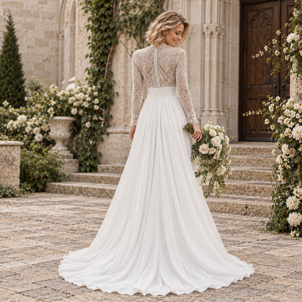 Exquisite High Collar Beaded Lace Long Sleeve Chiffon Wedding Dress, WD0414