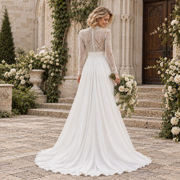 Exquisite High Collar Beaded Lace Long Sleeve Chiffon Wedding Dress, WD0414