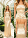 Champagne Smooth Satin Strapless Ruched Sheath Dress with Front Slit,PDS118555