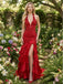 Stunning Red Lace Satin Halter V Neck Ruffled Slit Mermaid Formal Dress,PDS118746