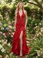 Stunning Red Lace Satin Halter V Neck Ruffled Slit Mermaid Formal Dress,PDS118746
