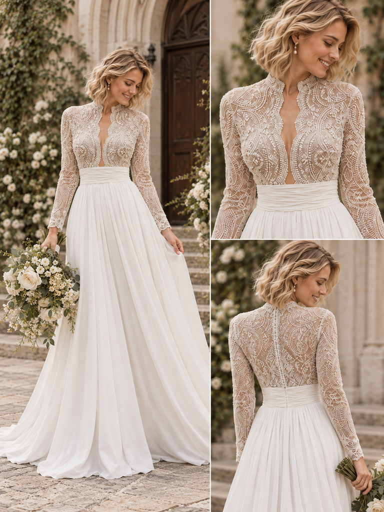 Exquisite High Collar Beaded Lace Long Sleeve Chiffon Wedding Dress, WD0414
