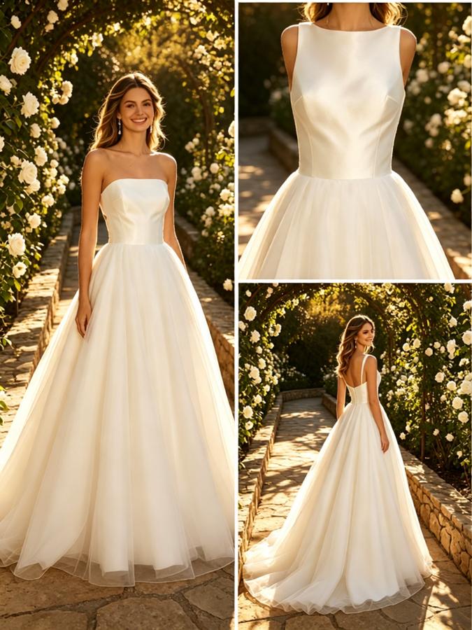 Simple Scoop Sleeveless Tulle A-Line Floor Length Wedding Dresses, WD0395