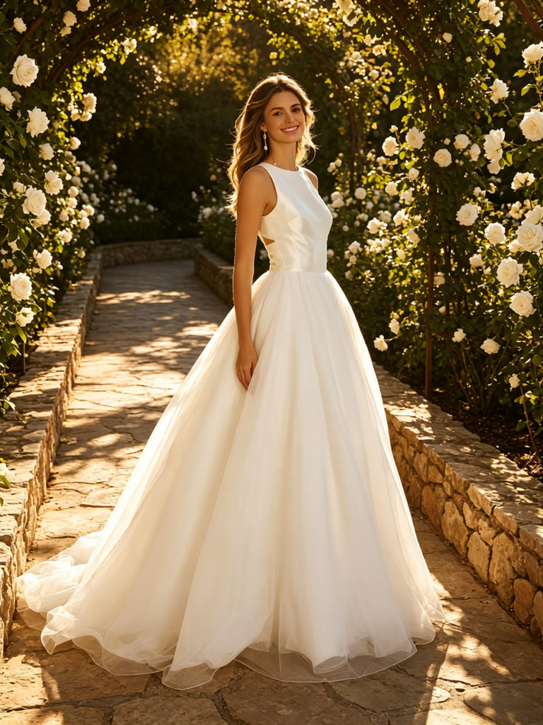 Simple Scoop Sleeveless Tulle A-Line Floor Length Wedding Dresses, WD0395