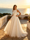 Simple Scoop Sleeveless Tulle A-Line Floor Length Wedding Dresses, WD0395