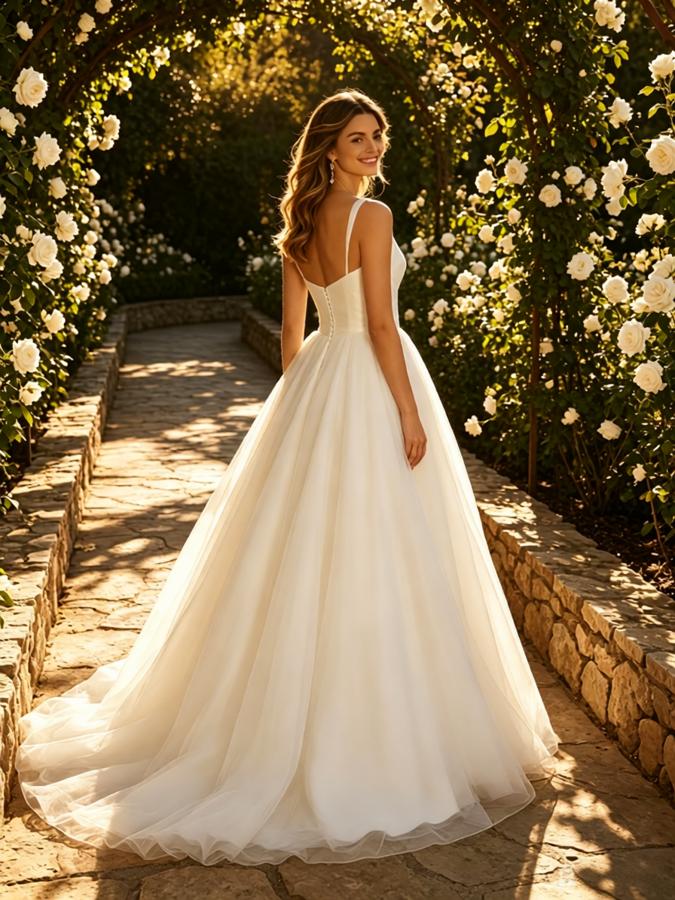 Simple Scoop Sleeveless Tulle A-Line Floor Length Wedding Dresses, WD0395