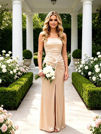 Champagne Smooth Satin Strapless Ruched Sheath Dress with Front Slit,PDS118555