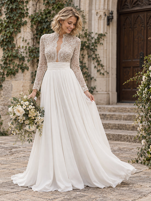Exquisite High Collar Beaded Lace Long Sleeve Chiffon Wedding Dress, WD0414