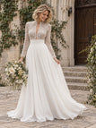 Exquisite High Collar Beaded Lace Long Sleeve Chiffon Wedding Dress, WD0414