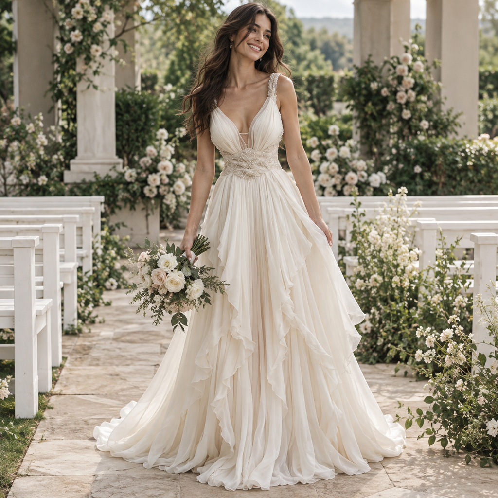 Dreamy Deep V Spaghetti Strap Beaded Waist Ruffled Chiffon Wedding Gown, WD0415
