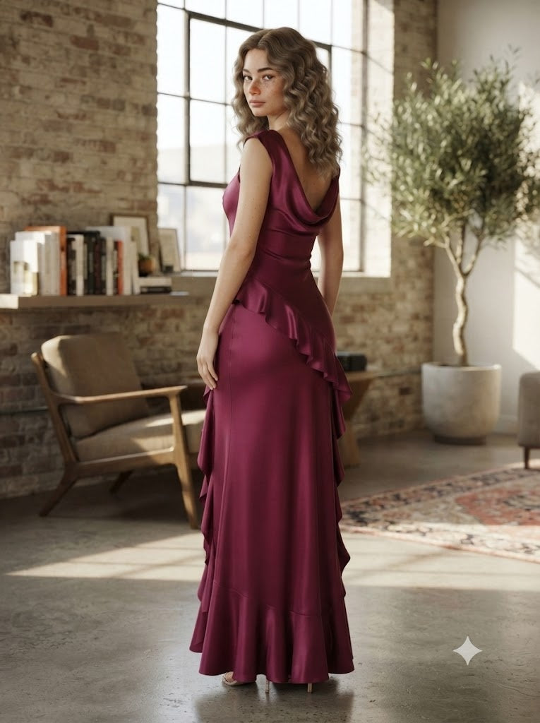 Chic Burgundy Satin Sweetheart Cap Sleeve Ruffled Slit Long Evening Dress,PDS118747