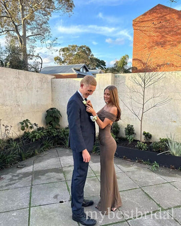 Brown Off Shoulder Sleeveless Mermaid Floor Length Prom Dress,PDS11641