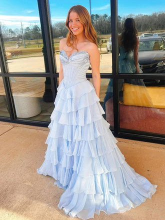 Pretty Ruffles Sweetheart Sleeveless Ruched A-Line Long Prom Party Dress,PDS11772