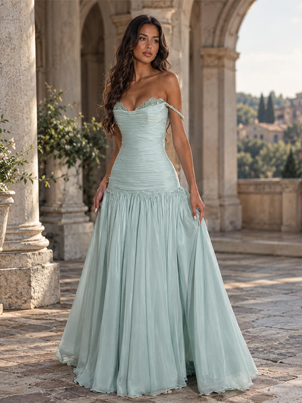 Romantic Off Shoulder Ruched Chiffon A-Line Long Prom Dress,PDS118656