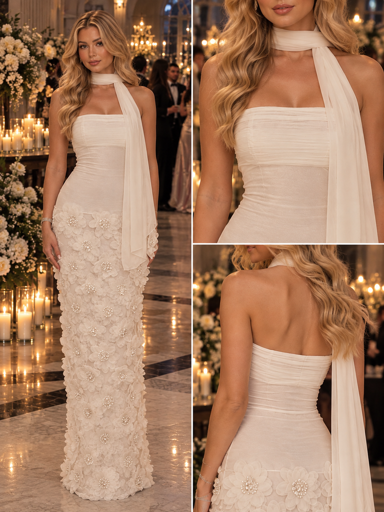 Ivory 3D Floral Chiffon Halter Scarf Neck Mermaid Evening Prom Gown,PDS118556