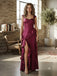 Chic Burgundy Satin Sweetheart Cap Sleeve Ruffled Slit Long Evening Dress,PDS118747