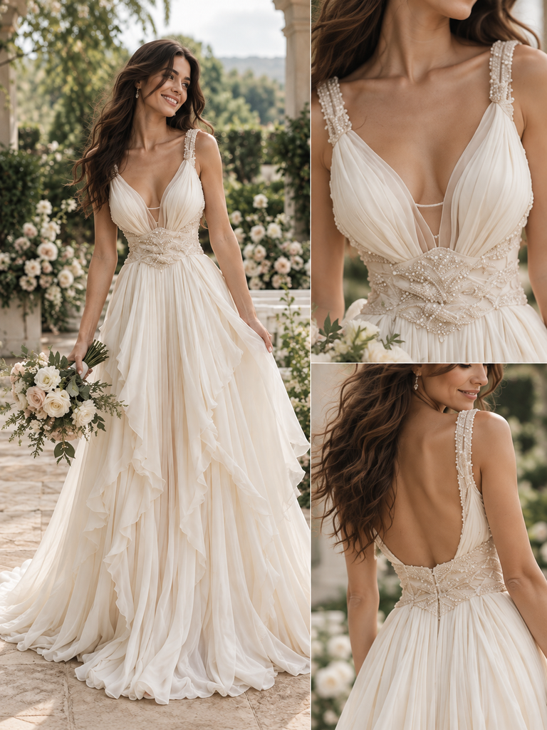 Dreamy Deep V Spaghetti Strap Beaded Waist Ruffled Chiffon Wedding Gown, WD0415