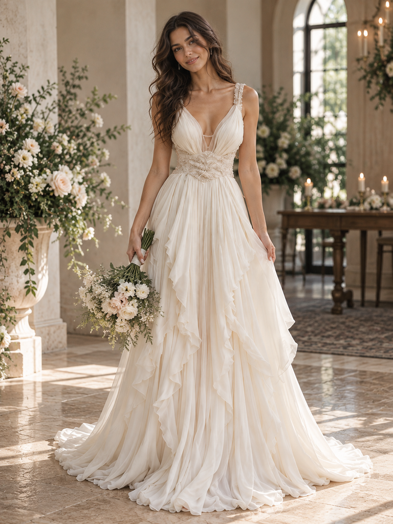 Dreamy Deep V Spaghetti Strap Beaded Waist Ruffled Chiffon Wedding Gown, WD0415