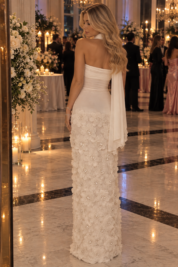 Ivory 3D Floral Chiffon Halter Scarf Neck Mermaid Evening Prom Gown,PDS118556