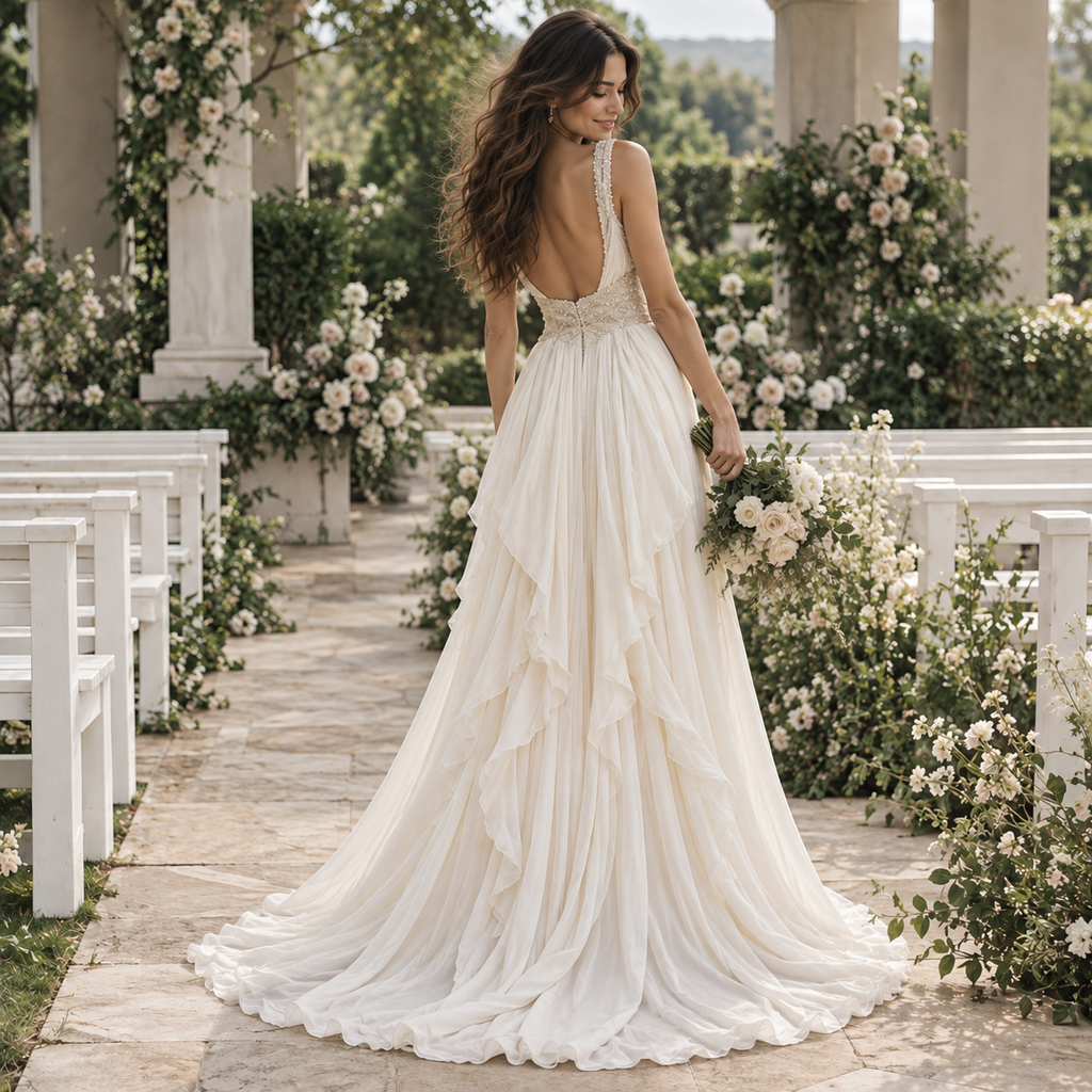 Dreamy Deep V Spaghetti Strap Beaded Waist Ruffled Chiffon Wedding Gown, WD0415