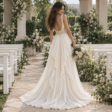 Dreamy Deep V Spaghetti Strap Beaded Waist Ruffled Chiffon Wedding Gown, WD0415