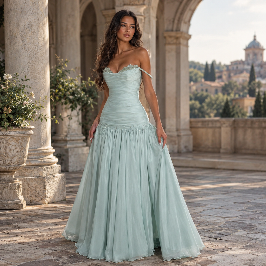 Romantic Off Shoulder Ruched Chiffon A-Line Long Prom Dress,PDS118656