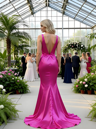 Azalea Sexy V-neck Sleeveless Satin Mermaid Long Prom Party Dress,PDS11843