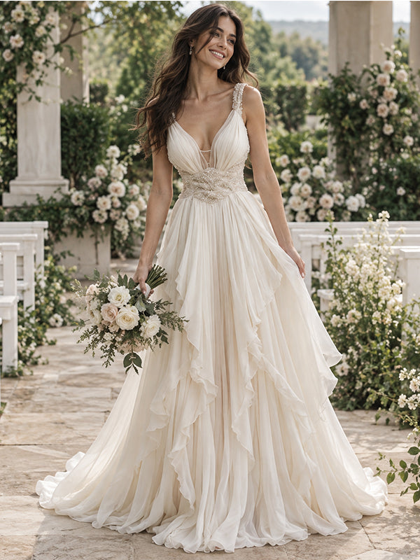 Dreamy Deep V Spaghetti Strap Beaded Waist Ruffled Chiffon Wedding Gown, WD0415