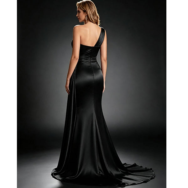 Black Soft Satin One Shoulder Pleated Floor Length Mermaid Bridesmaid Dresses, BDS0403