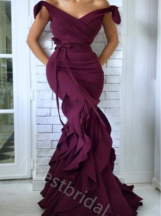 Elegant V-neck Ruffle Sleeveless Mermaid Long Prom Dress,PDS1132