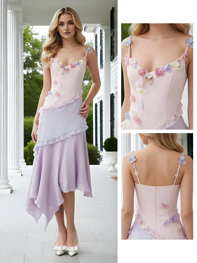 Floral Spaghetti Straps Ruffles Chiffon Sleeveless Sheath Long Prom Party Dress,PDS11825