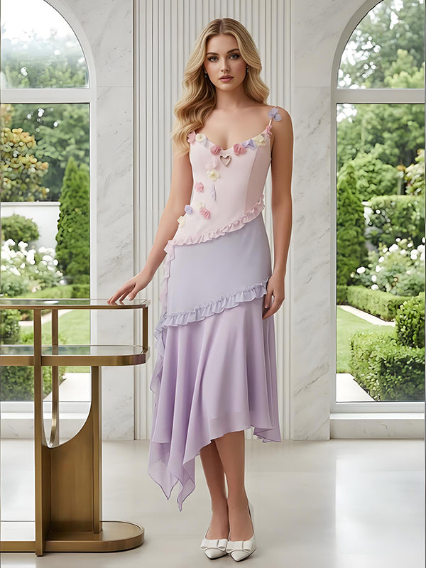 Floral Spaghetti Straps Ruffles Chiffon Sleeveless Sheath Long Prom Party Dress,PDS11825