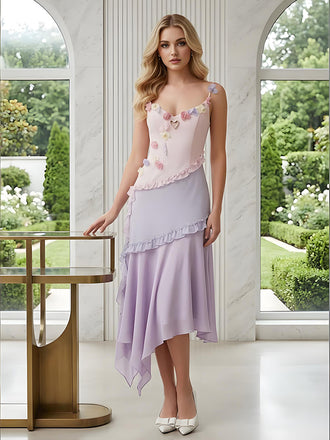 Floral Spaghetti Straps Ruffles Chiffon Sleeveless Sheath Long Prom Party Dress,PDS11825