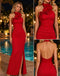 Luxury Red 3D Flower Halter Ruched Slit Midi Satin Evening Dress,PDS118759