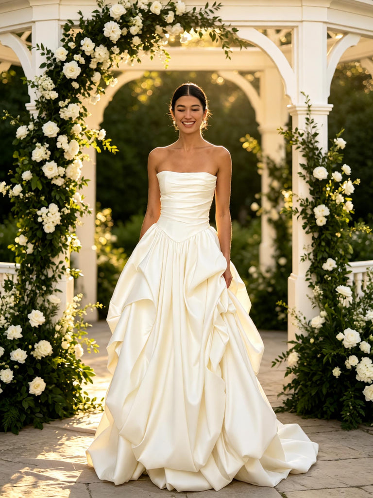 Luxury Satin Pleats Sleeveless A-Line Floor Length Wedding Dresses, WD0379