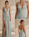 Elegant Sage Green Halter Ruched Chiffon High Slit Long Evening Party Dress,PDS118809