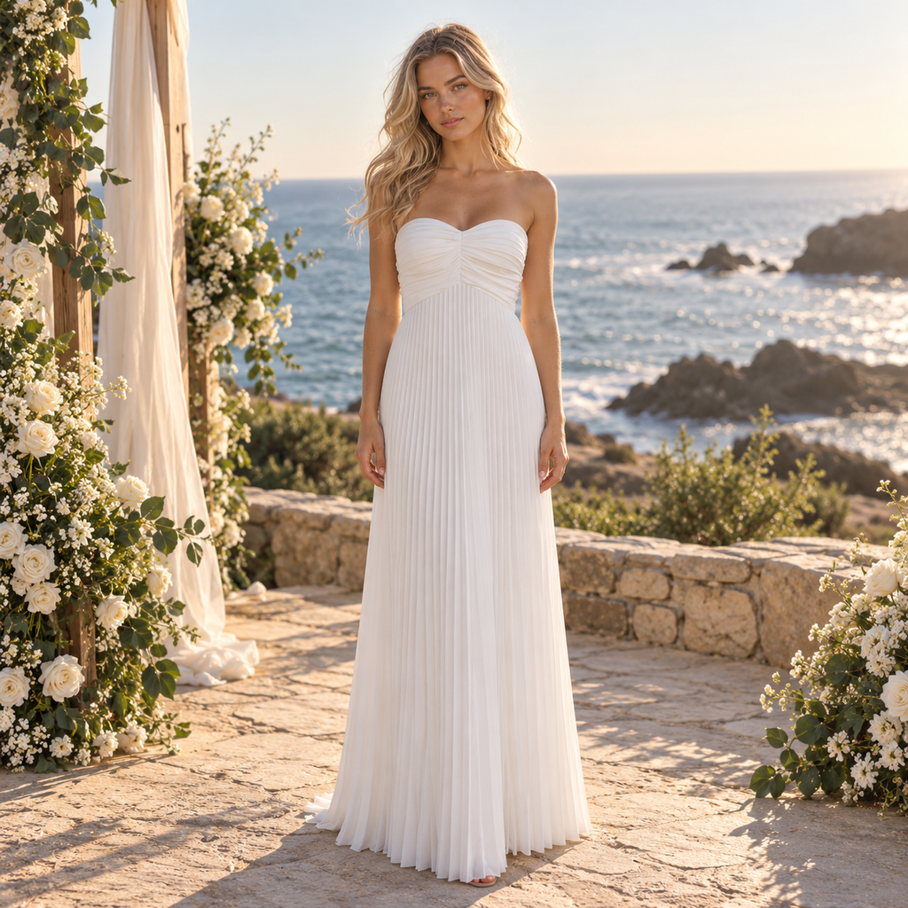 Elegant Strapless Sweetheart Pleated Chiffon Floor Length Beach Wedding Dress, WD0397