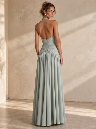 Elegant Sage Green Halter Ruched Chiffon High Slit Long Evening Party Dress,PDS118809