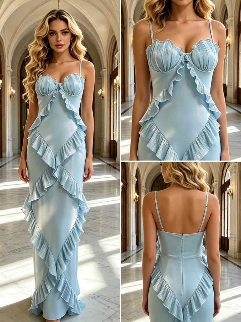 Pretty Ruffles Sweetheart Sleeveless Mermaid Long Prom Party Dress,PDS118518
