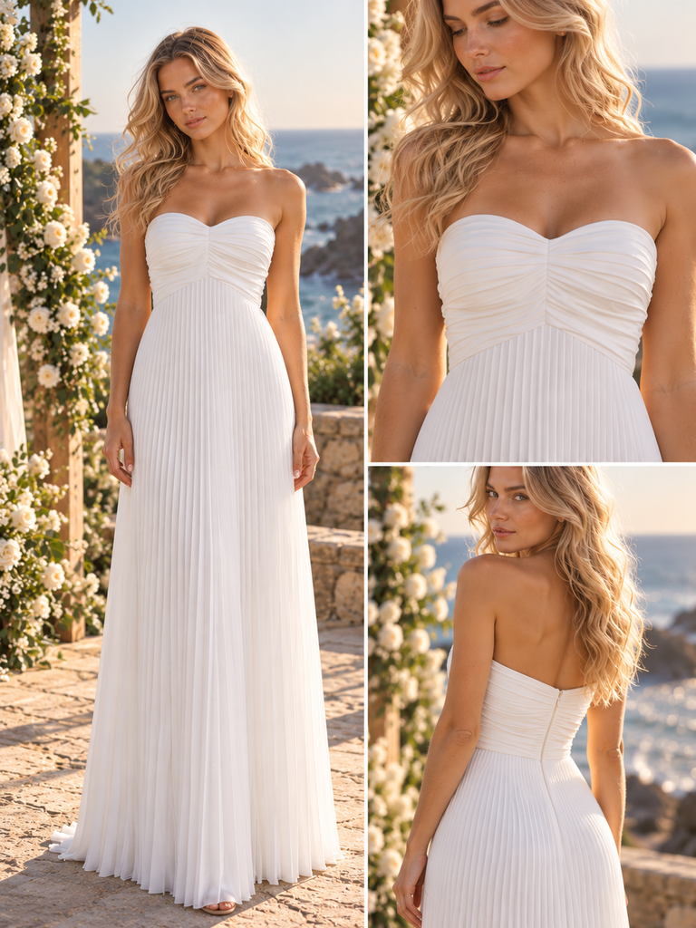 Elegant Strapless Sweetheart Pleated Chiffon Floor Length Beach Wedding Dress, WD0397