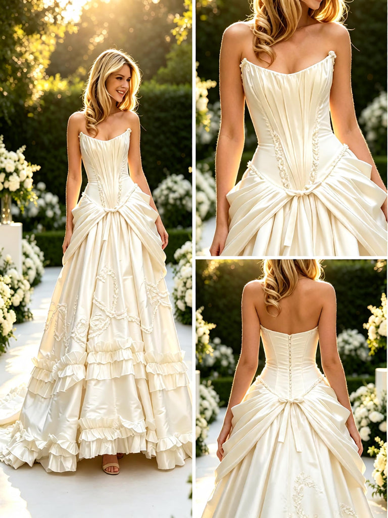 Vintage Strapless Sleeveles Ruffles Satin A-line Floor Length Wedding Dresses, WD0361