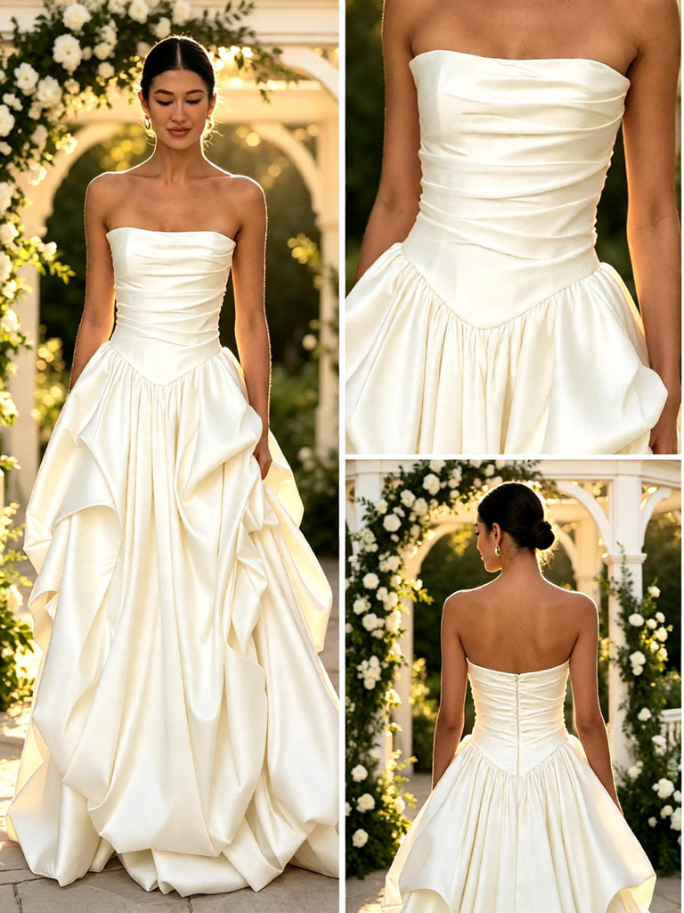 Luxury Satin Pleats Sleeveless A-Line Floor Length Wedding Dresses, WD0379