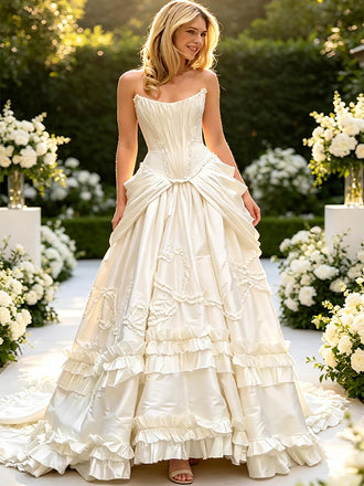 Vintage Strapless Sleeveles Ruffles Satin A-line Floor Length Wedding Dresses, WD0361