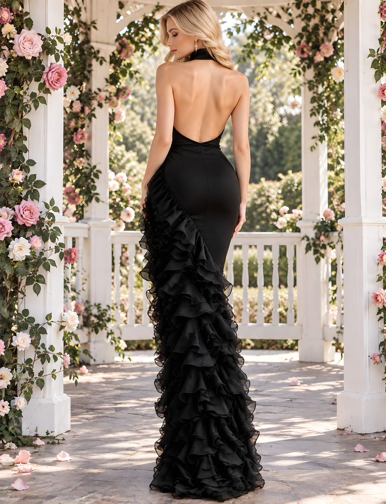 Luxury Black Halter Ruffled Mermaid Long Evening Party Dress,PDS118538
