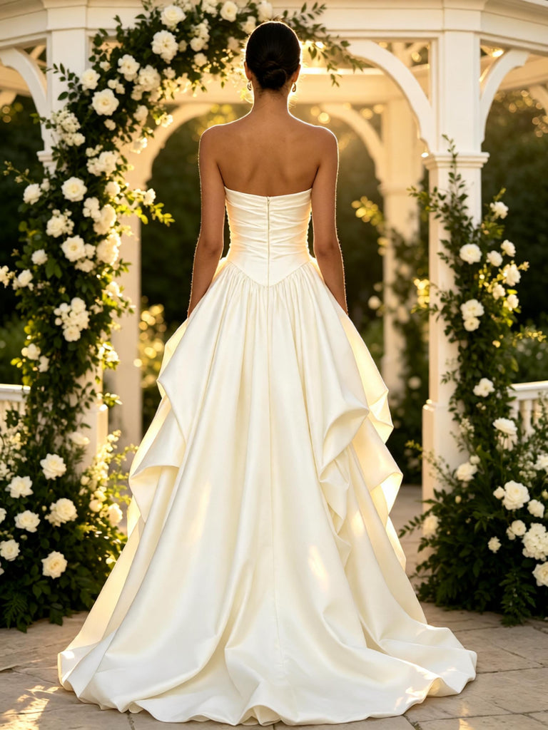 Luxury Satin Pleats Sleeveless A-Line Floor Length Wedding Dresses, WD0379
