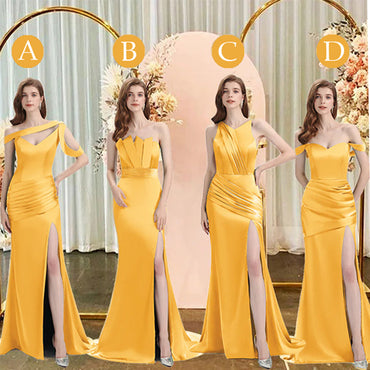 Marigold Mismatch Sleeveless Side Slit Mermaid Bridesmaid Dressess, BDS0395
