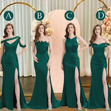 Dark Green Mismatch Sleeveless Side Slit Mermaid Bridesmaid Dressess, BDS0393