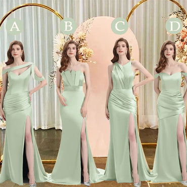 Sage Mismatch Sleeveless Side Slit Mermaid Bridesmaid Dressess, BDS0398