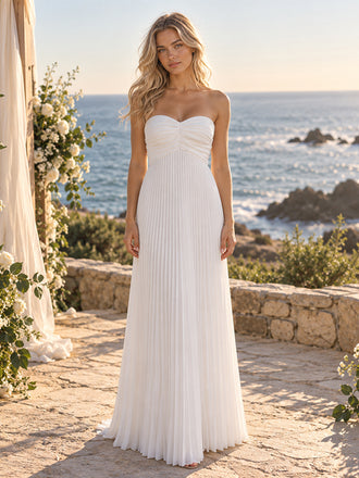 Elegant Strapless Sweetheart Pleated Chiffon Floor Length Beach Wedding Dress, WD0397
